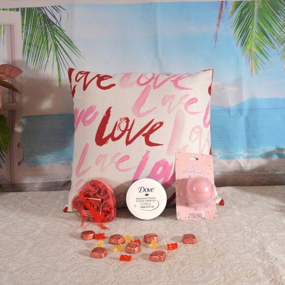 Love Pillow with Rose Soaps, Dove Cream and Bath Bomb - Picture 1 of 6